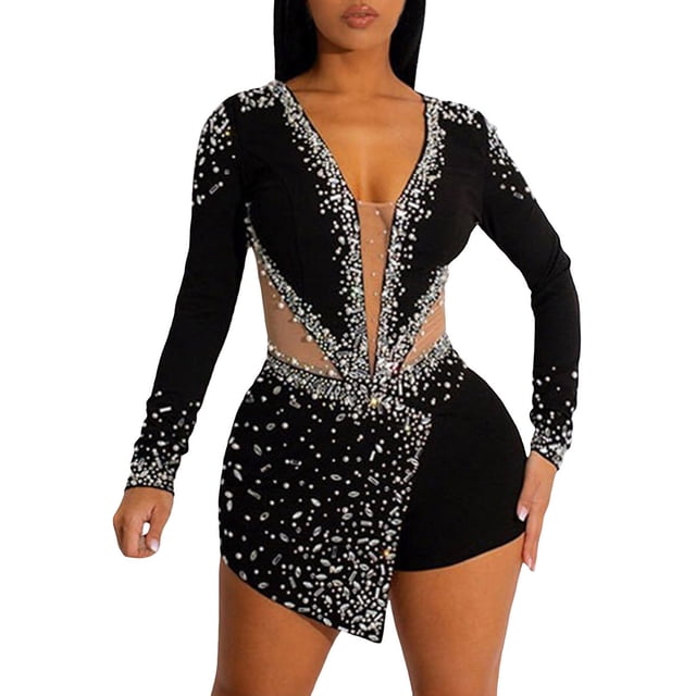 TrendOFT Womens Jumpsuits Dressy Summer Elegant V Neck Long Sleeve Bodycon Rhinestone Night Club Party Rompers For Women One Piece Overalls Black XL