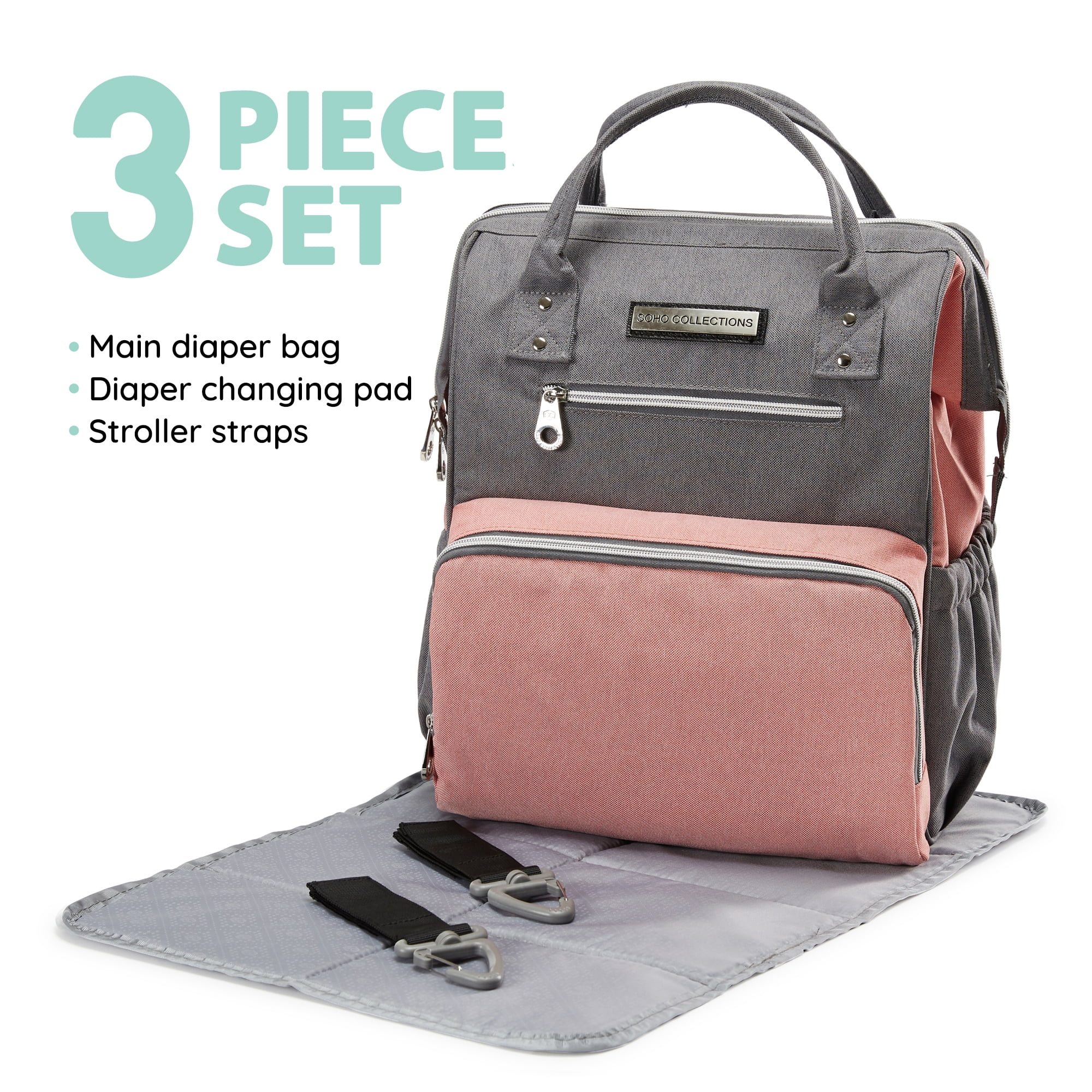 SoHo Backpack Diaper Bag, Wide Opening, Pink and Gray, 3 Piece Set - www.semadata.org - www.semadata.org