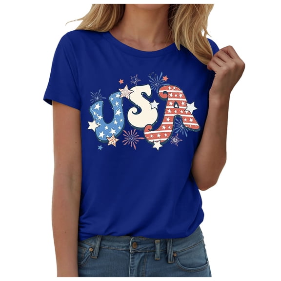 TOWED22 USA Shirts for Women 4th of July Shirt Women Cute Patriotic Print Tshirt America Tee Tops(Blue,L)