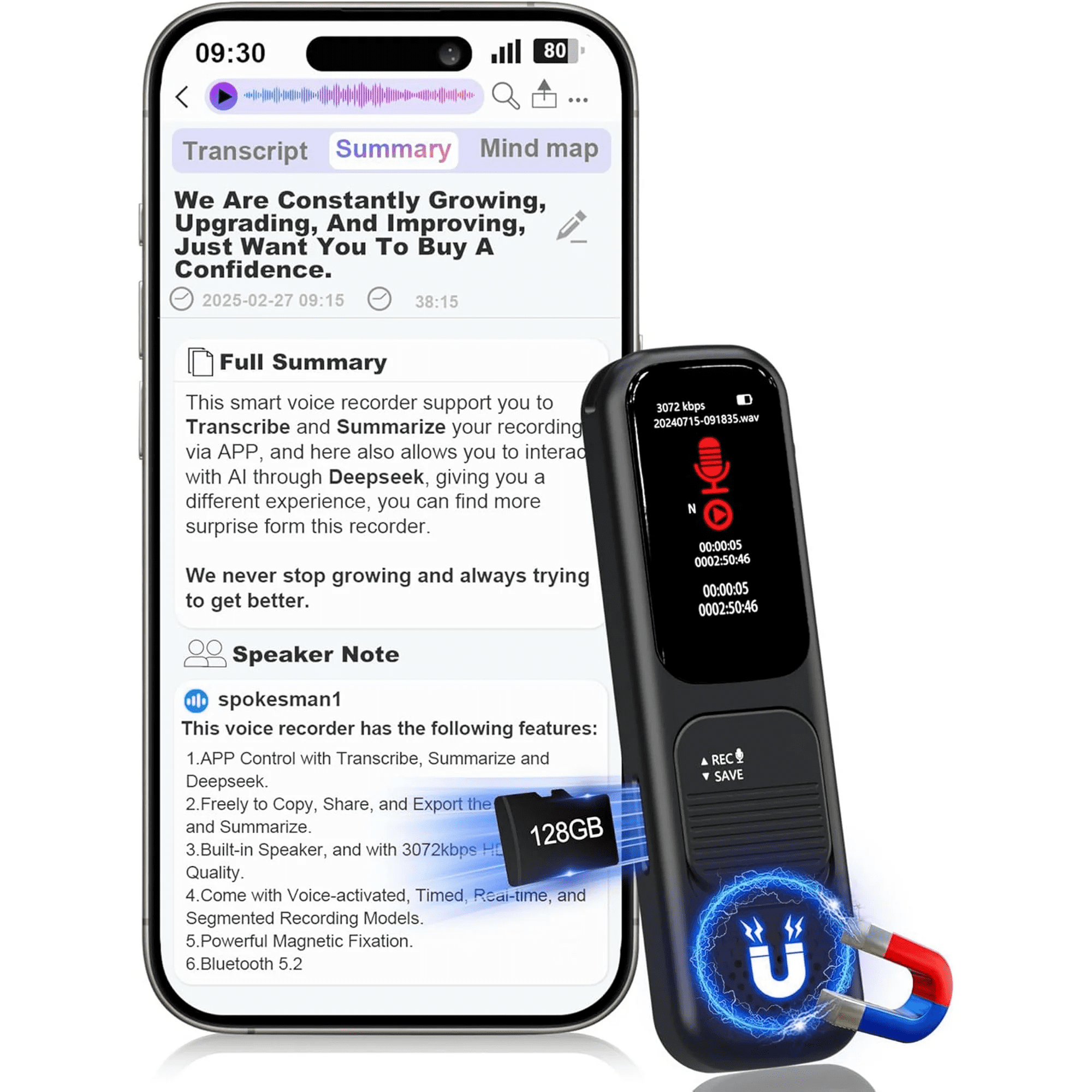 128GB Digital Voice Recorder with App, 3072kbps Portable Voice Recorder with Transcription and Summary, Recording Device with Playback