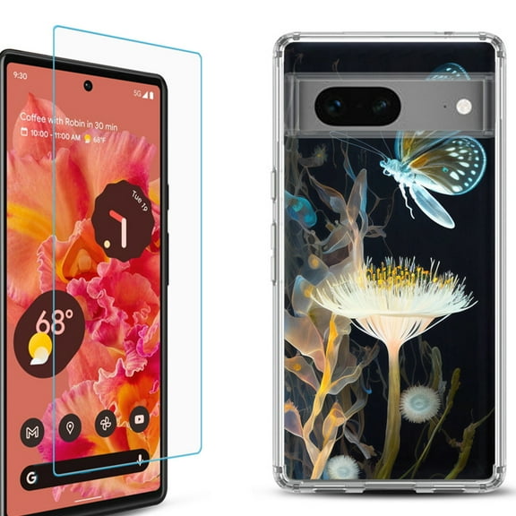 OneToughShield ® for Google Pixel 7a Shockproof Bumper Phone Case, with Tempered Glass Screen Protector - Butterfly Translucent