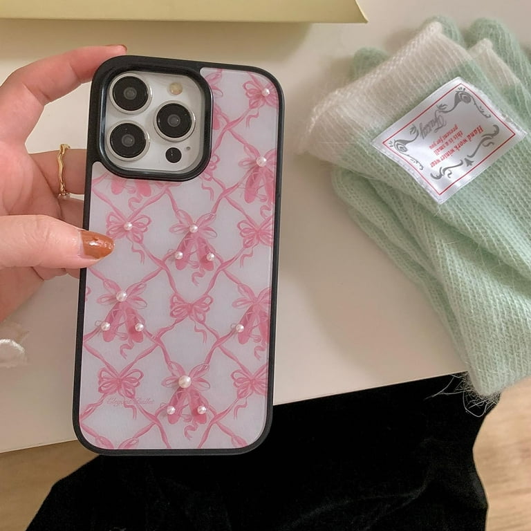 Pink Bow Ribbon Phone Case for iPhone 15 Pro Max with Pearl Beade