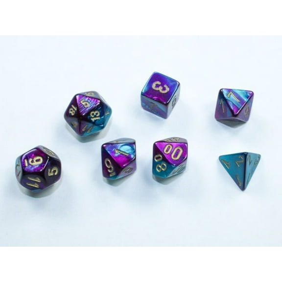 Purple and Teal Gemini Mini Dice with Gold Colored Numbers 10mm (3/8in) Set of 7 Chessex