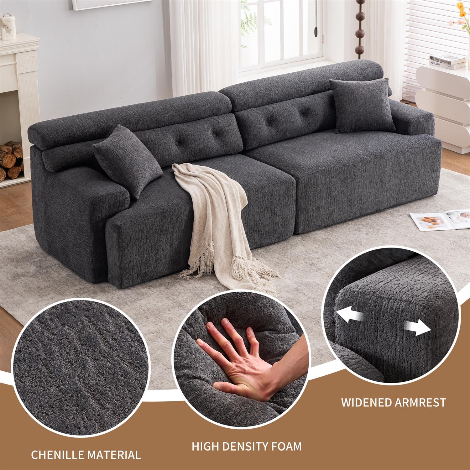 Demi Bonn 103" 4-Seater Compression Sofa Couch with Wood Grain Chenille Fabric, Full Sponge Cushion and 2 Cozy Pillows for Living Room, Gray