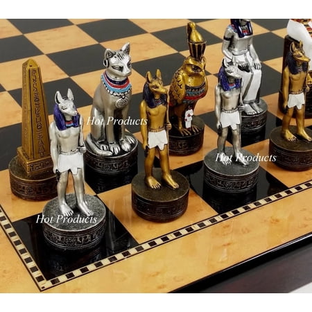 Egyptian Anubis Gold Silver Chess Men Set W/ Color Accents 15 Maple Color Bd