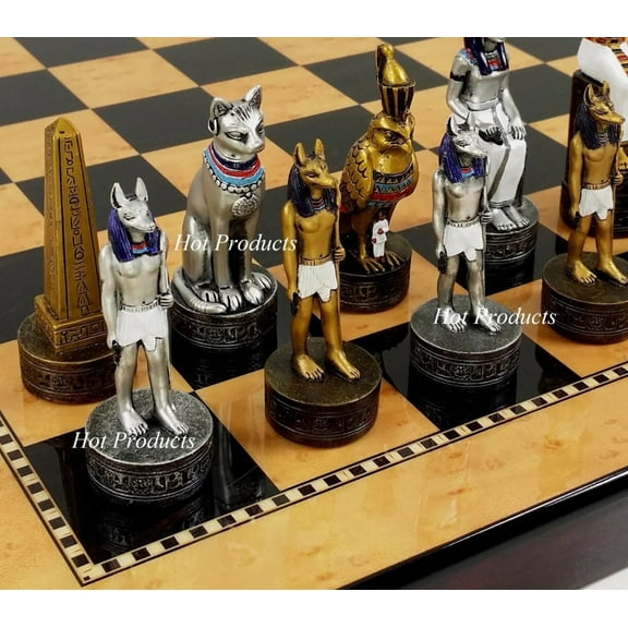 Egyptian Anubis Gold Silver Chess Men Set W/ Color Accents 15" Maple Color Bd