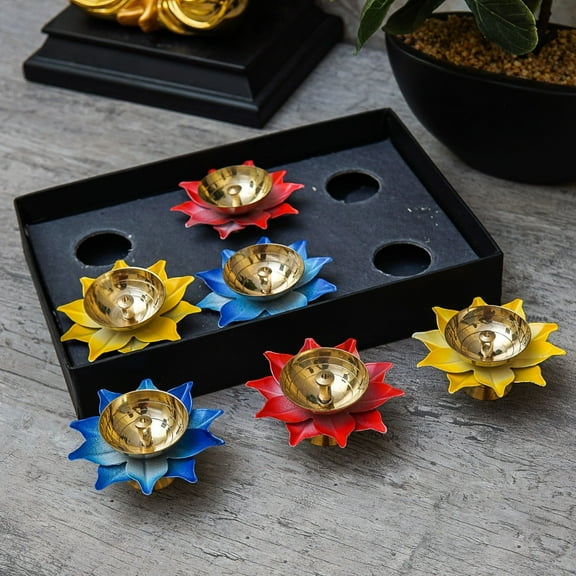 DARS DESIGN Traditional Indian Diwali Blue/Red/Yellow Brass and Copper Oil Lamp, Set of