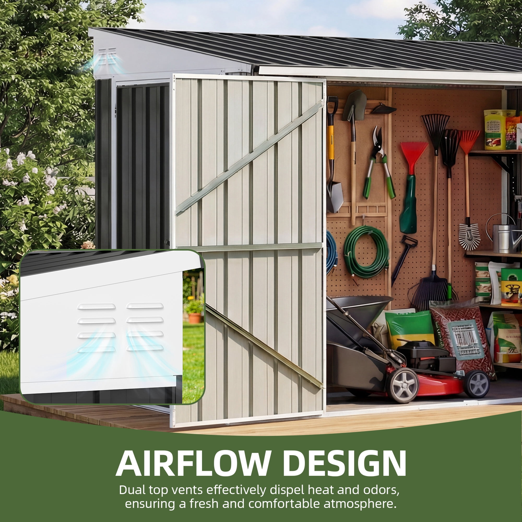 Uforic 7' x 4' Outdoor Weatherproof Storage Shed, Metal Bike Shed with Lockable Doors, Garden Storage for Lawn Equipment, Tools and Trash Cans, Dark Gray