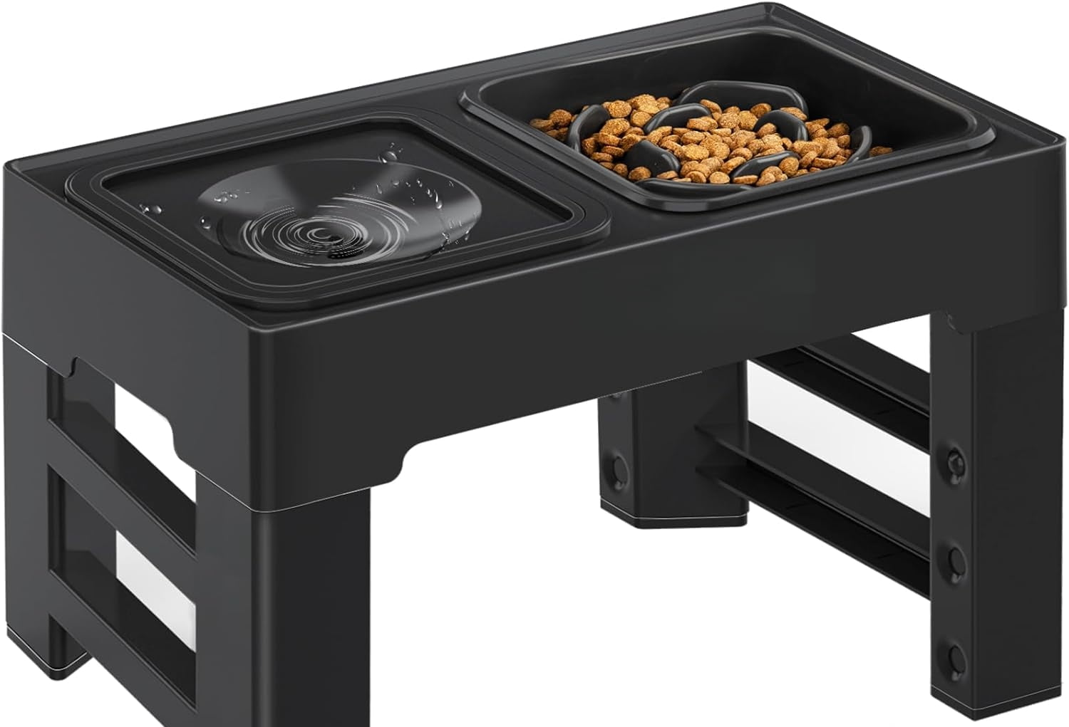 2-in-1 Elevated Slow Feeder Dog Bowls with No-Spill Water Bowl, 4 Height-Adjustable Raised Dog Bowls, Non-Slip Food and Water Bowls with Stand for Small, Medium, Large Dogs, Cats and Pets