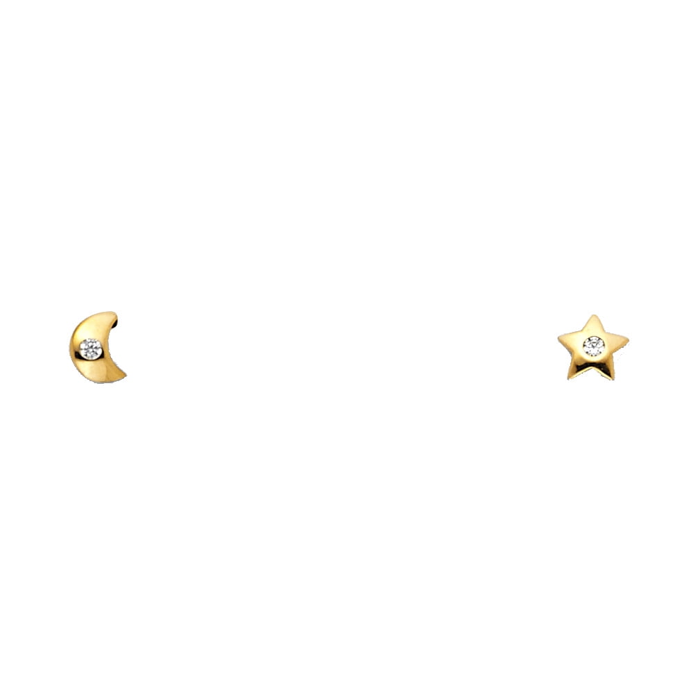 Ioka 14K Yellow Gold CZ Moon and Star Stud Screw Back Earrings