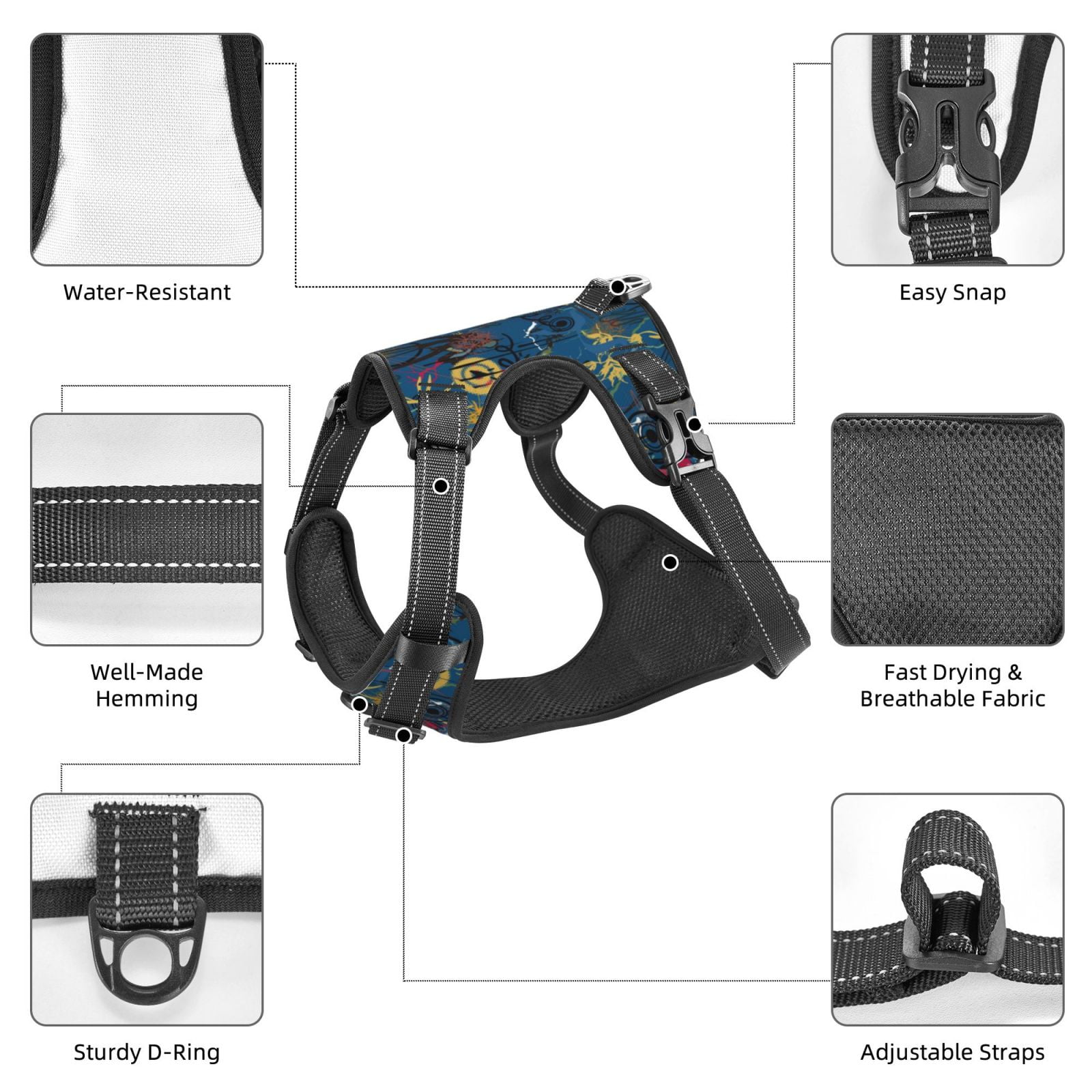 Vsdgher Halloween Elements Pattern Dog Harness,No Pull Pet Harness with Soft Padded Handle,Adjustable Reflective Vest with 2 Buckles,4 Slide Buckles,S-XL X-Large