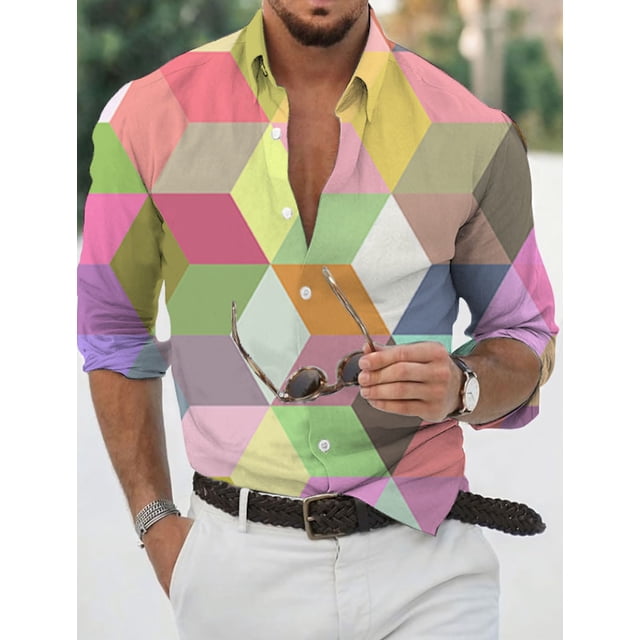 Camisa de hombre con estampados gráficos, geometría, cuello vuelto, calle, manga larga, estampado, botones, ropa, ropa, moda tropical, diseñador