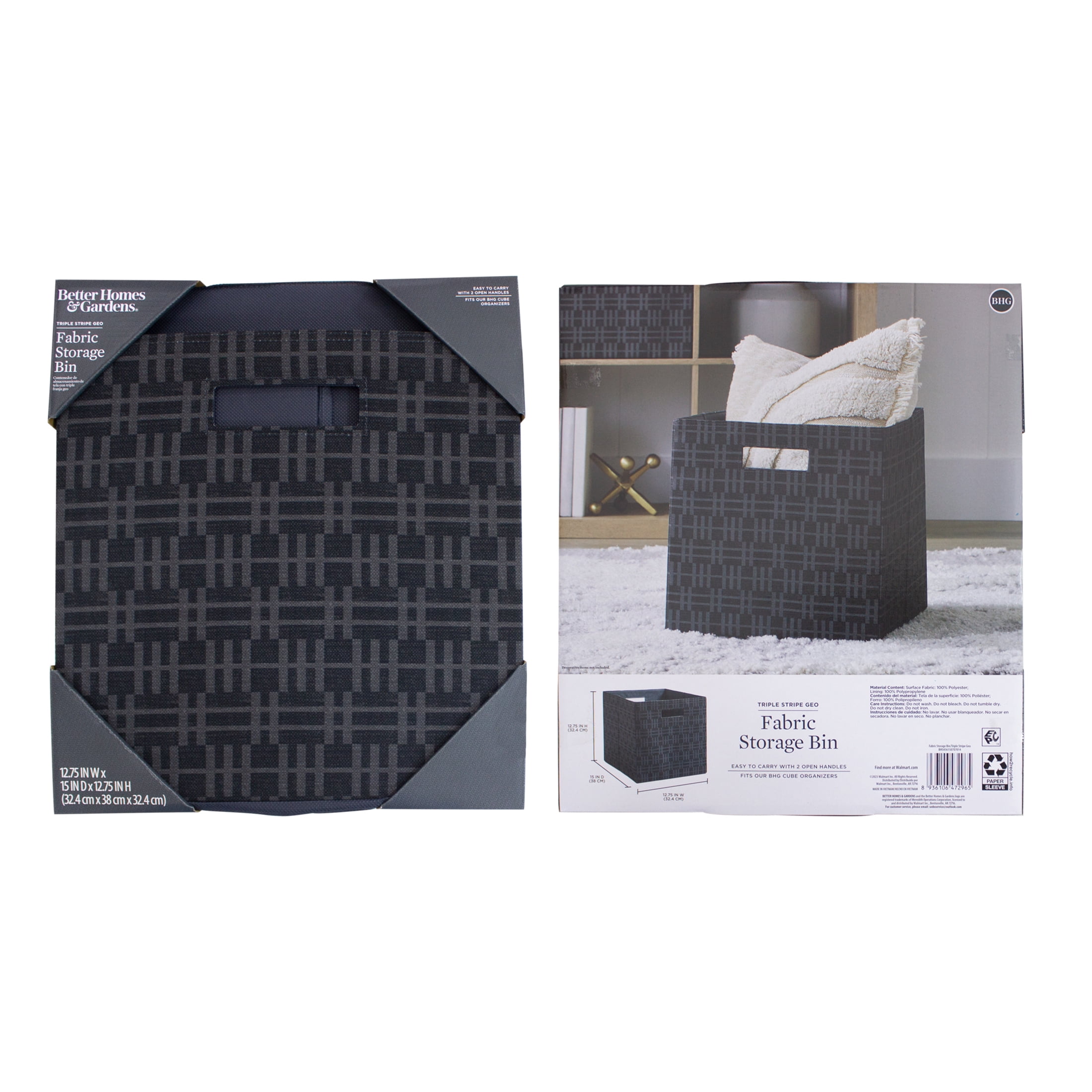 (2 pack) Better Homes & Gardens Collapsible Fabric Cube Storage Bin, Grey Stripe Geo