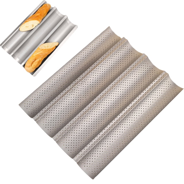 Baguette Mold, Breadstick, Wavy Baguette, Large 4-Slot Silver Baking Pan,Nonstick French Bread Pan Set with Proofing Cloth & Dough Scraper | Essential Baguette Baking Kit for Beginners
