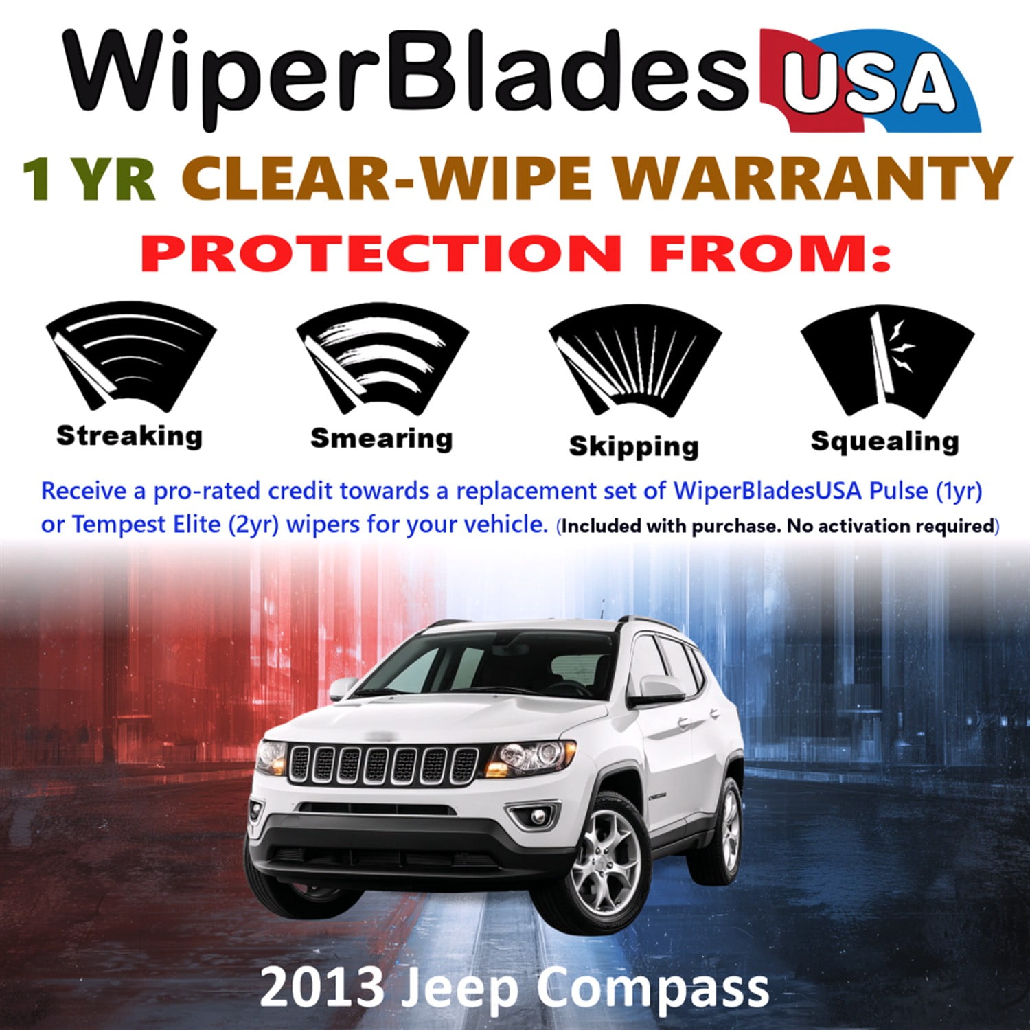 2013 Jeep Compass Beam Wiper Blades Wipers w/1yr Warranty (Set of 3) w/Rear Wiper (WiperBladesUSA)