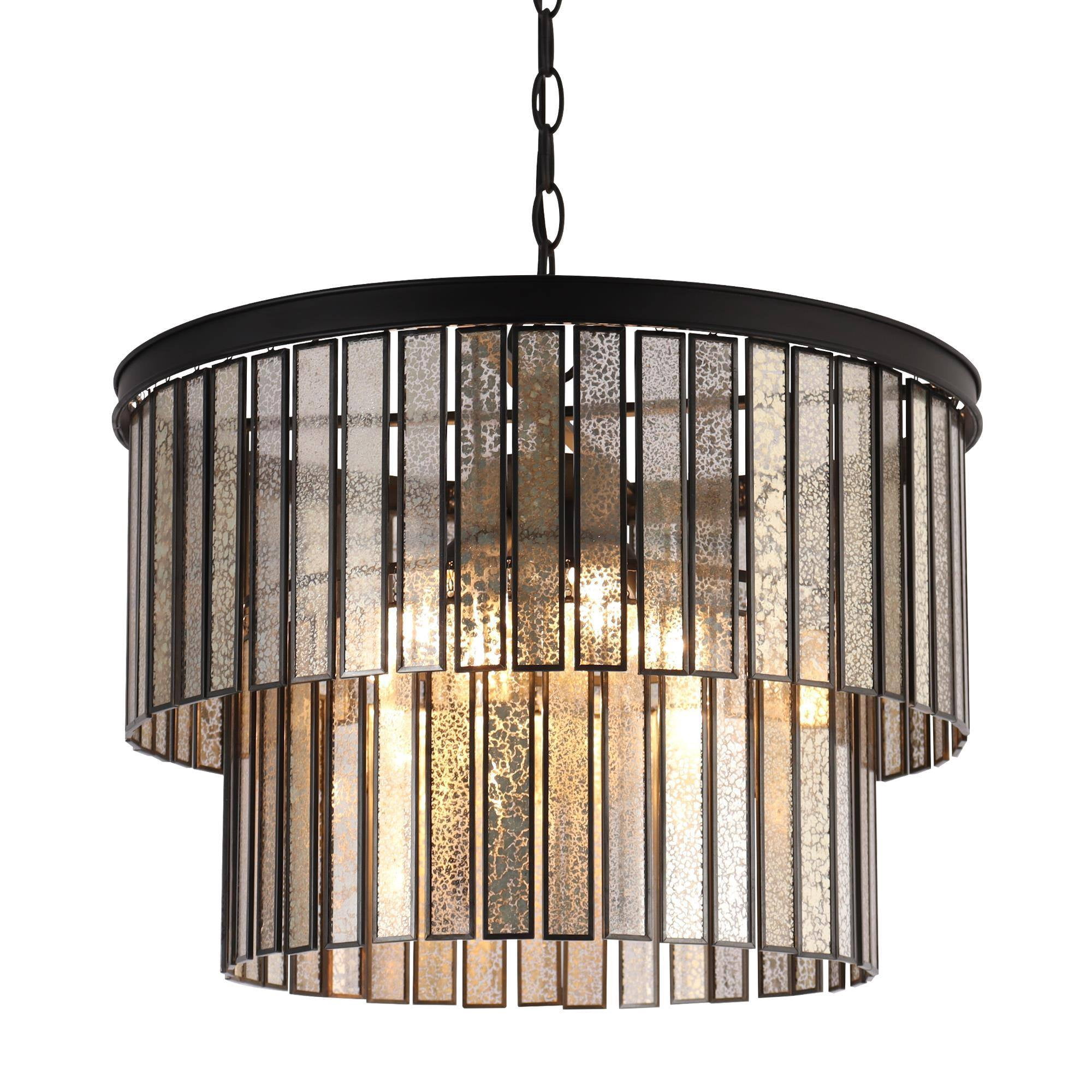 LNC Silver Art Glass Drum Chandelier with Black Frame, 4-Light, Adjustable Height