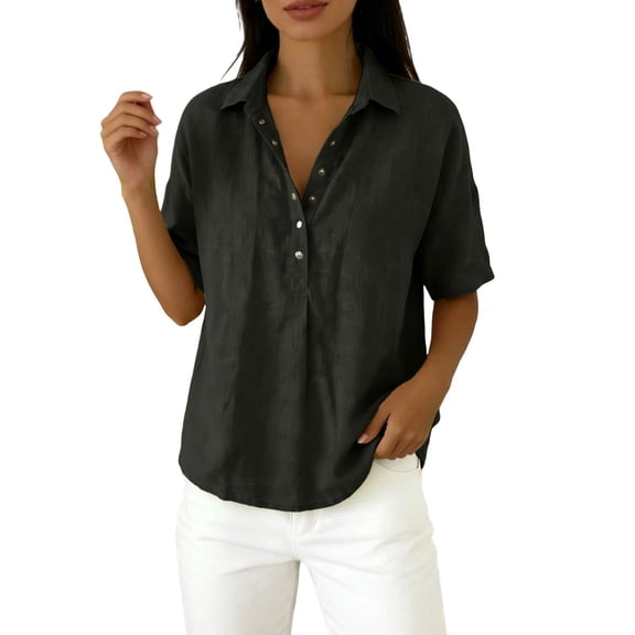 Yuanlong Women's T-Shirts Collared Neck Snap Button Front Elbow-Length Sleeve Tees Solid Color Short Sleeve Basic Holiday Top