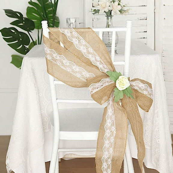 BalsaCircle 5x108" Natural Burlap Chair Sash White Floral Lace