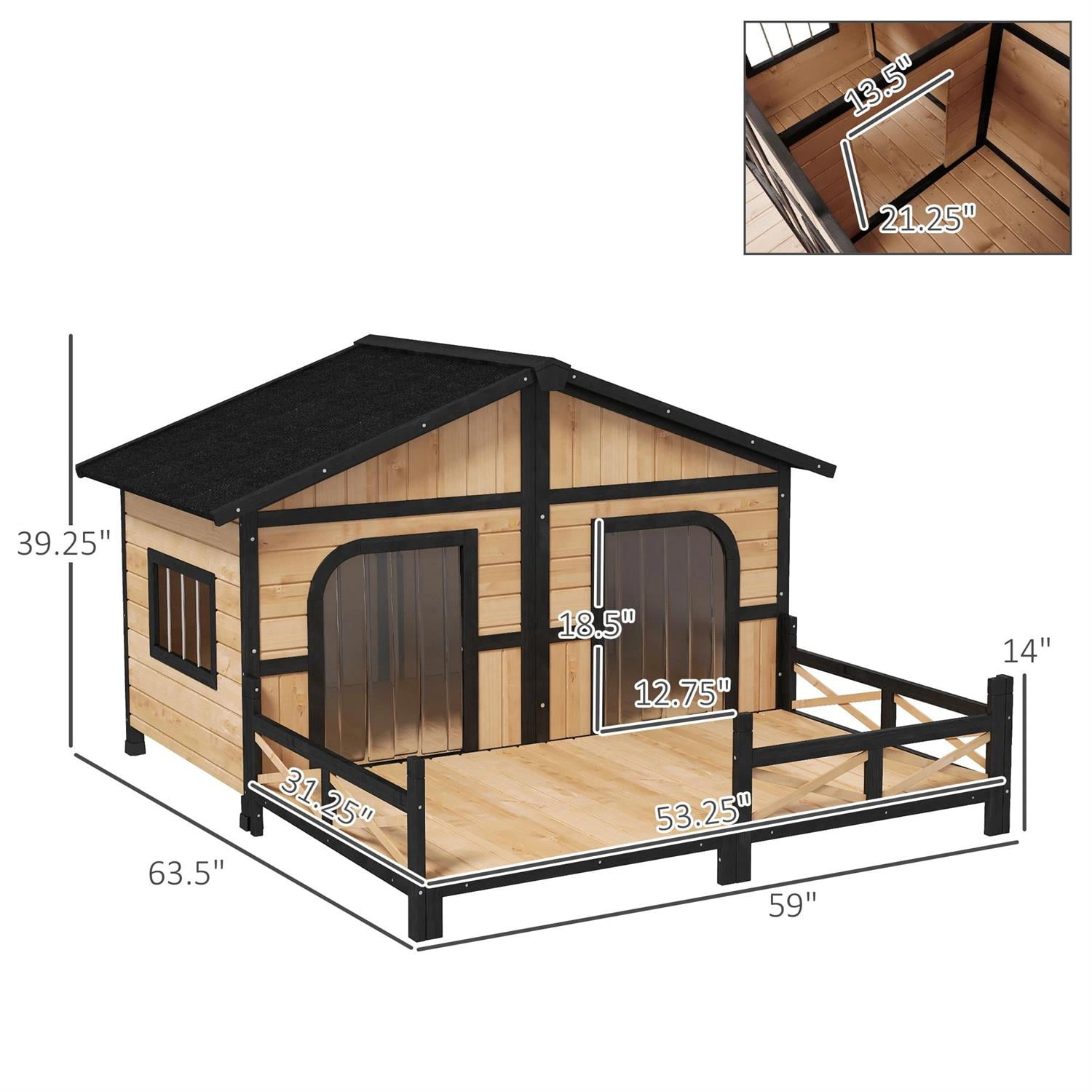 Pefilos 59" Outdoor Dog House with Porch, Double Room, Openable Roof, Removable Bottom, Wooden Dog House with Elevated Floor for Small to Medium Dogs, Beige