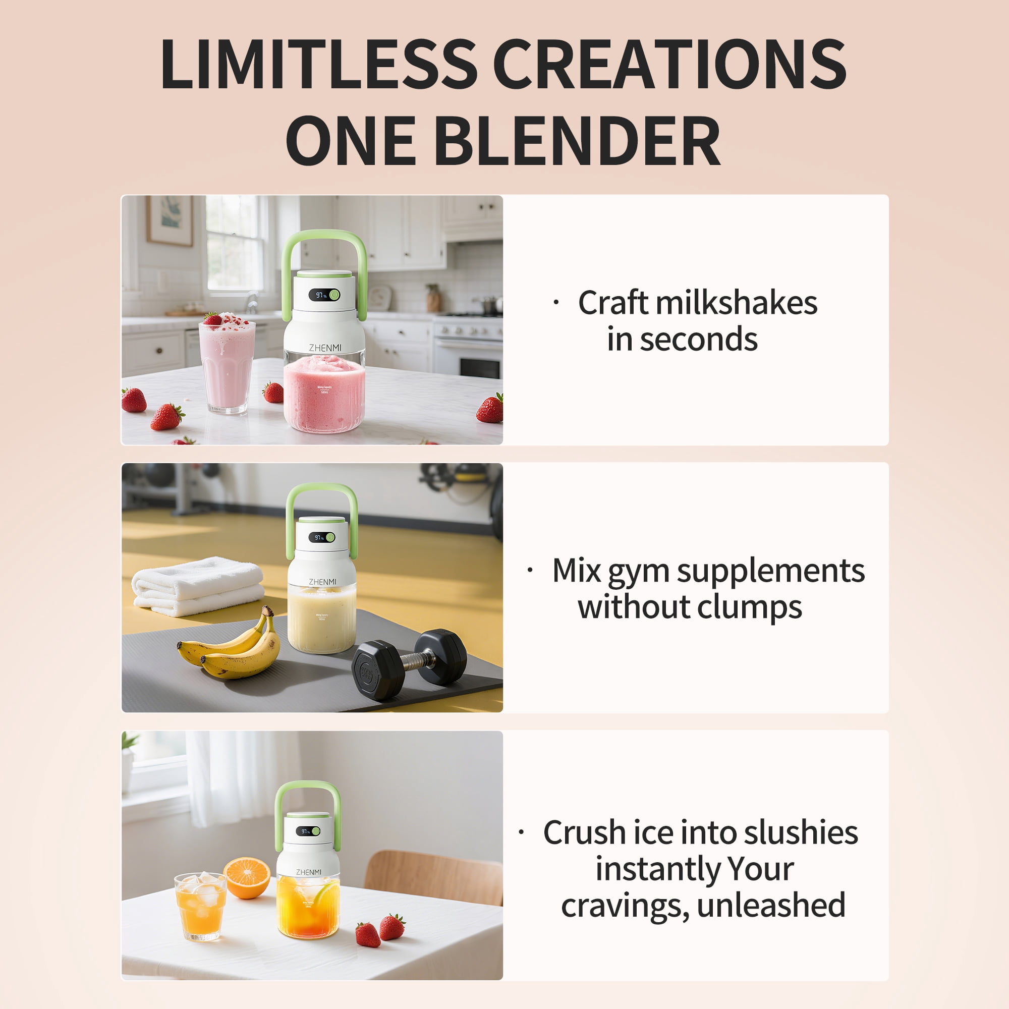 ZHENMI Portable Blender for Shakes and Smoothies, 33oz Personal Blender , BPA-Free, Cordless, Ice Crushing Blender for Travel, Gym, Home and Office