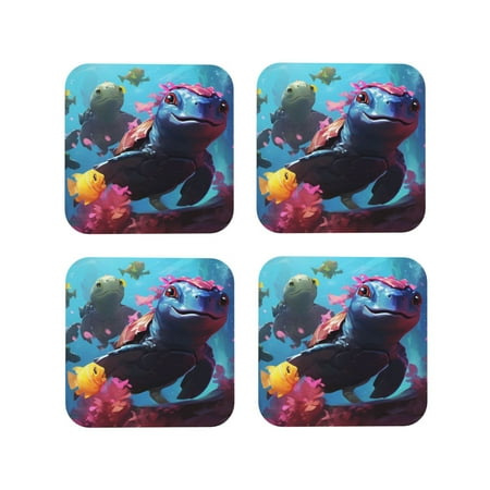 

Tebeau Lively Cute Turtle Print Set of 4 Leather Drink Coasters Round Cup Mat Pad for Home and Kitchen Use 4 -Square