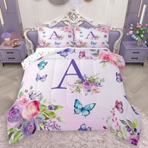 Homewish Purple Initial A Letter Queen Comforter Set, Watercolor Rose Floral Bedding Sets, Kawaii Dreamy Butterfly Reversible Bedding Comforter Set, Luxury Bedroom Decor, 3pcs