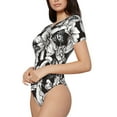 thumbnail image 2 of KLL Women 's Crew Neck Bodysuit Jumpsuits Lilies Flowers Print Short onesies Stretch T Shirts, 2 of 7