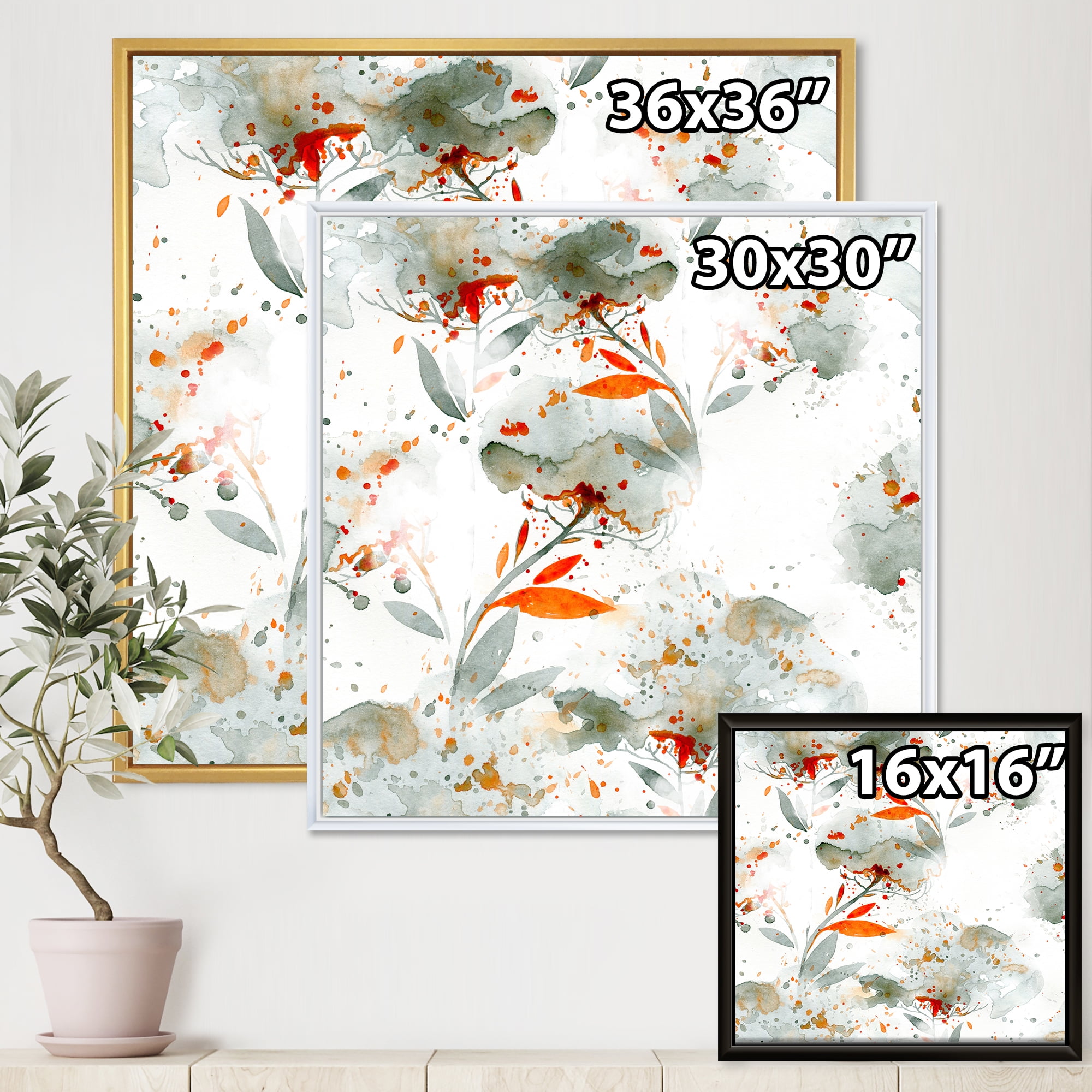 Orange and Green Wildflowers I 16 in x 16 in Framed Painting Canvas Art Print, by Designart