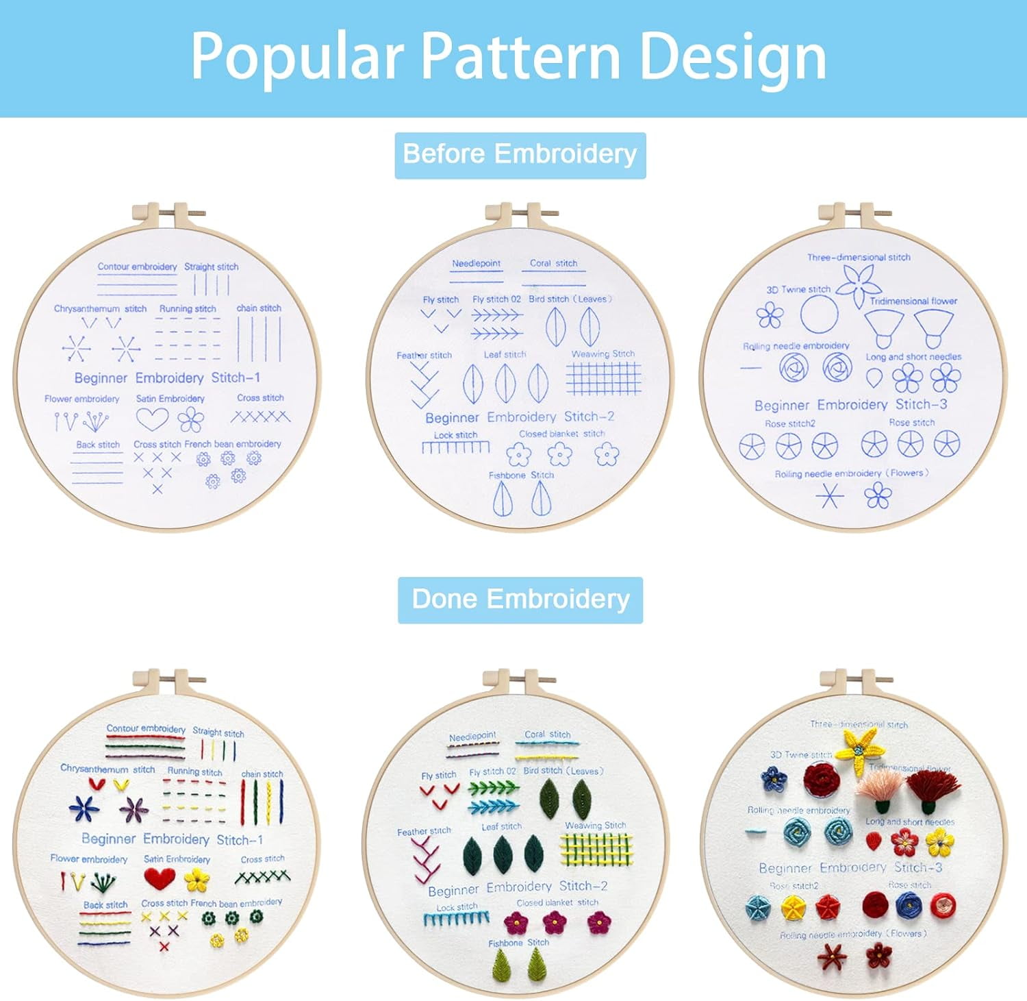 3 Sets Embroidery Kit Beginners Embroidery Stitch Practice Kit 3 Sets Hand Embroidery Starter Kit with 1 Hoop Learn 25 Different Stitches for Craft Lover Adult Stitch with Embroidery Skill Techniques