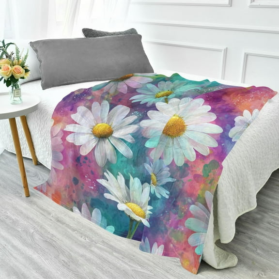 70x55 Inches Glow in The Dark Blanket Cozy Throw Camping Blankets for Home and Outdoor Use Watercolor White Daisies
