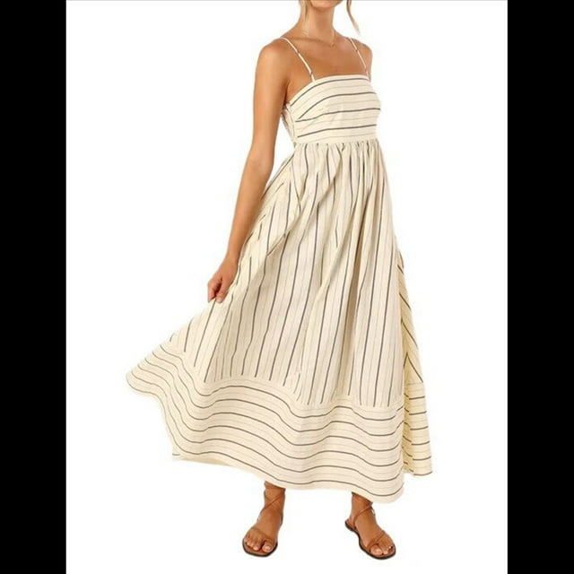 Robe Maxi à Rayures pour Femmes avec Dos Smocké, Bretelles Spaghetti, Découpes, Robe Longue Fluide TG