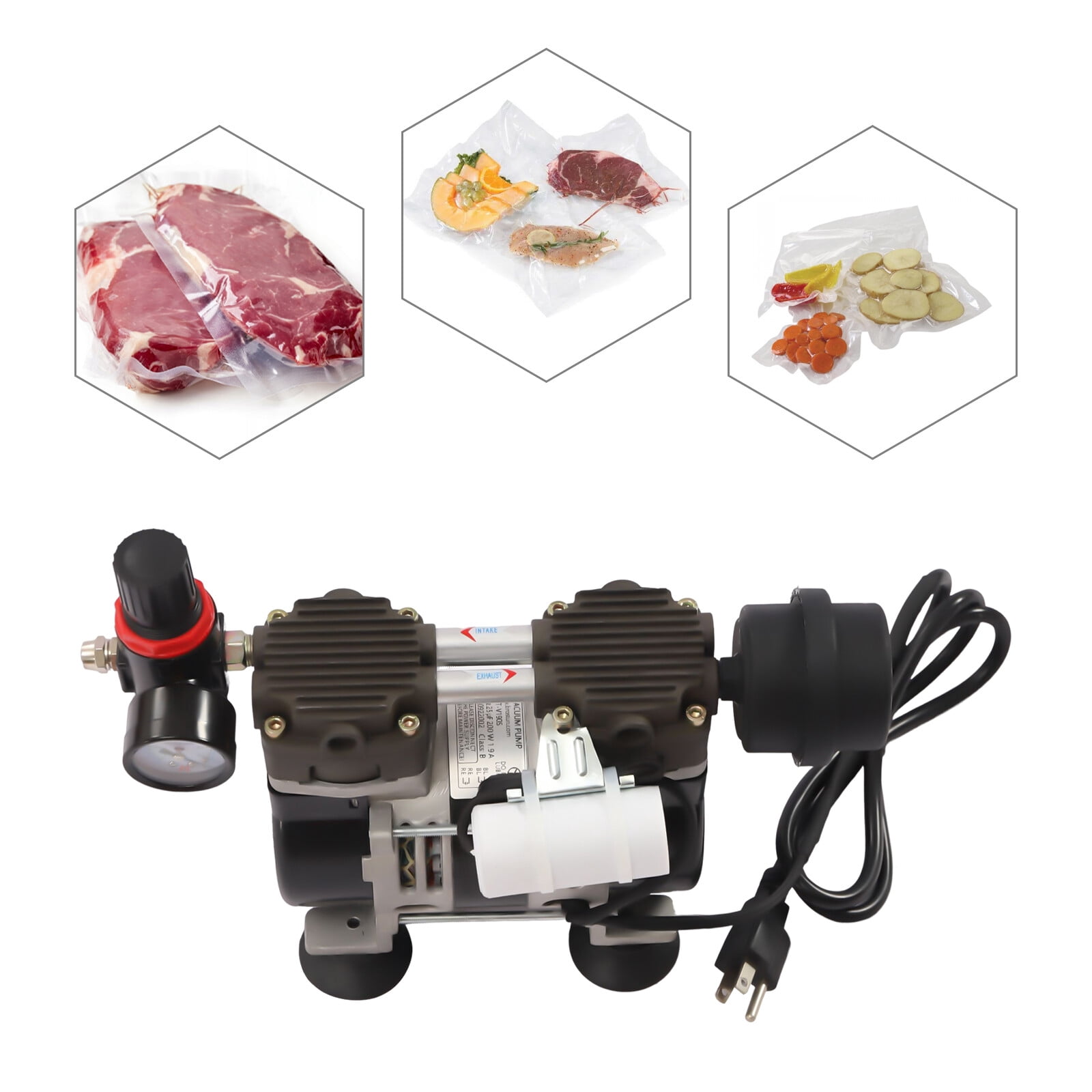 200W Lab Vacuum Pump Oil Free Oilless Vacuum Pump 60L/min With Pressure Gauge Black 6.8*3.5*5.6