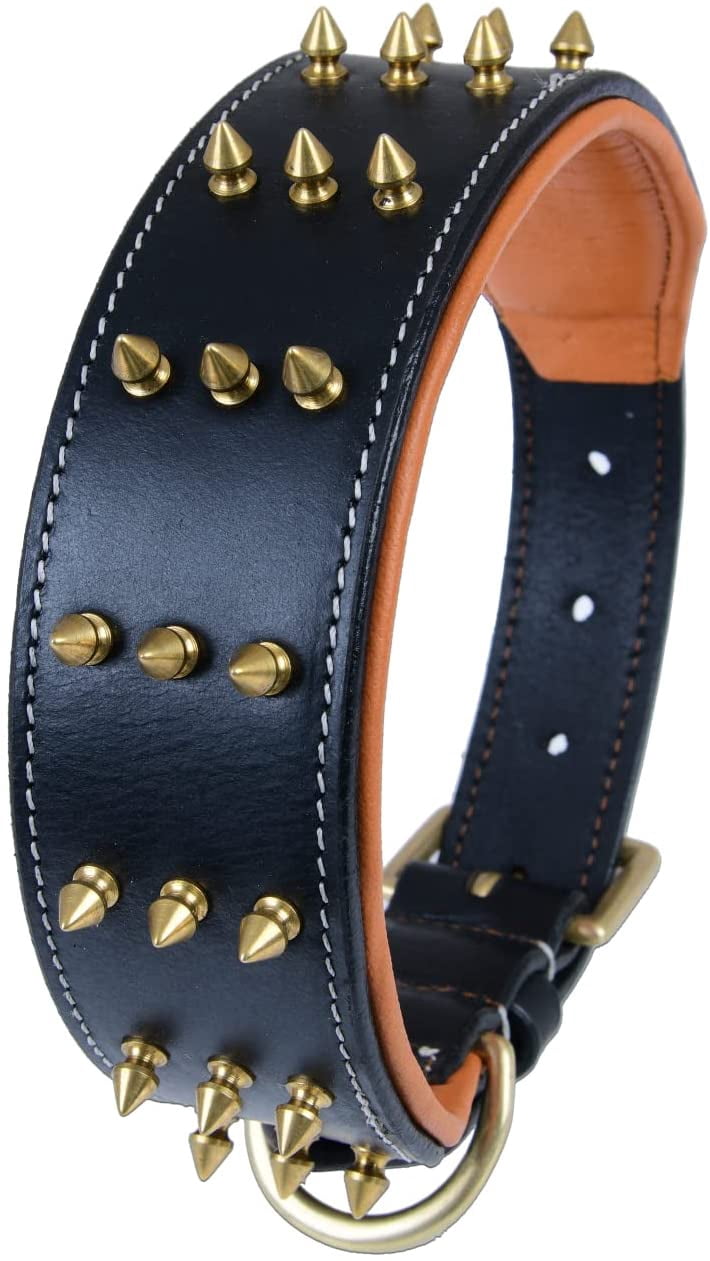 DowgClub | Genuine Leather Heavy Duty Spiked Dog Collar | Full Grain, Cushion Sheep napa padding Inside, Comfortable, Strong | Best for Medium, Large, X-Large Breeds | Cherry, Black, Pink, Tan |