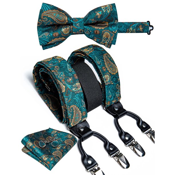 Tirantes de cuero auténtico con 6 clips para hombre, tirantes elásticos de seda para fiesta de boda de lujo, conjunto de pajarita, correa para pantalones