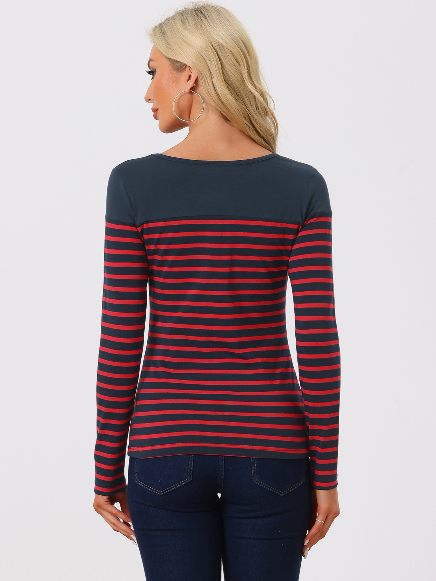 DARING DIVA Women's Color Block Striped Knit Top Long Sleeves T-Shirt M Navy Blue Red