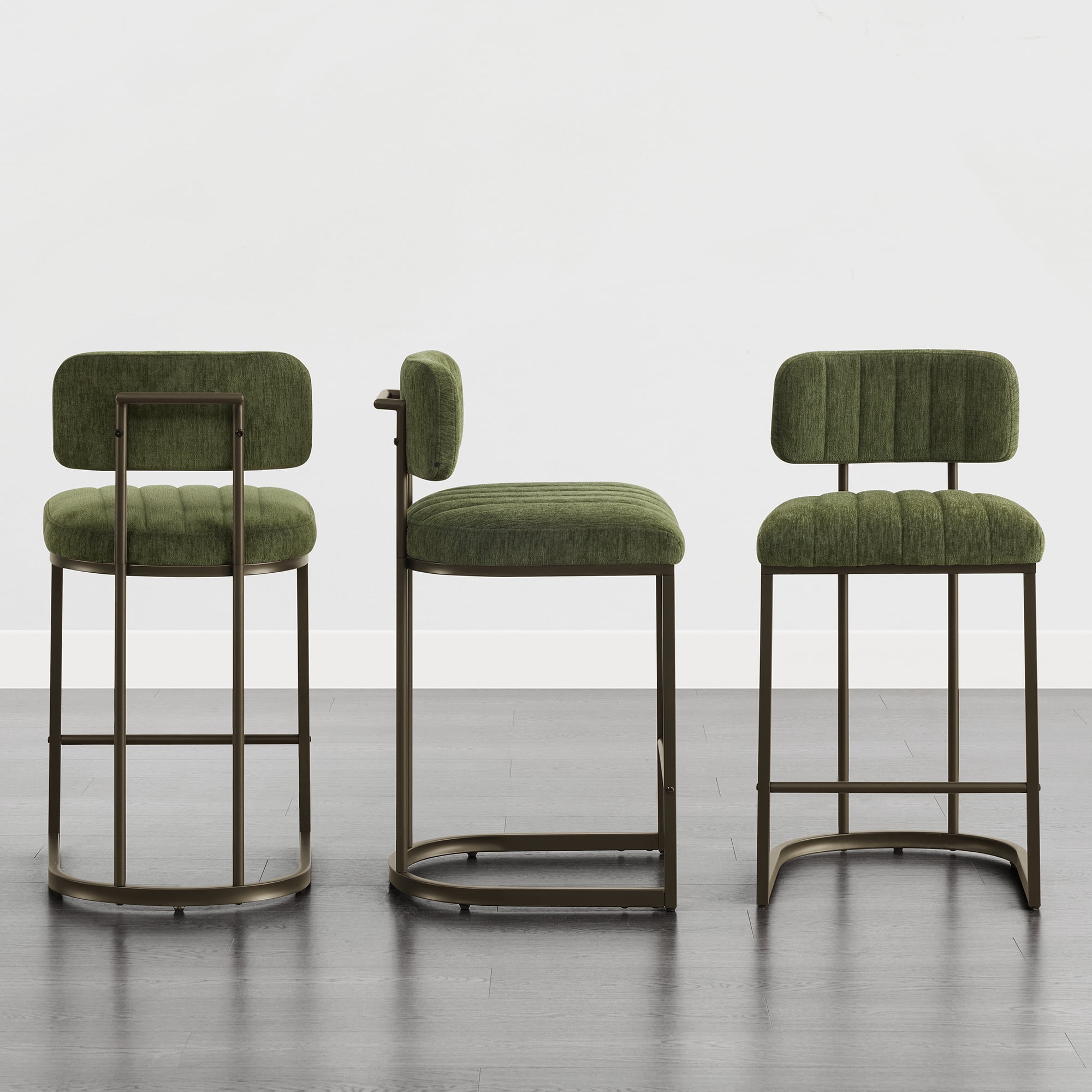 Spruce & Spring 30.5" Swivel Bar Stools Set of 3, Upholstered Bar Chairs with Curved Back & Channel Tufting, Metal Base for Kitchen Island & Home Bar, Green