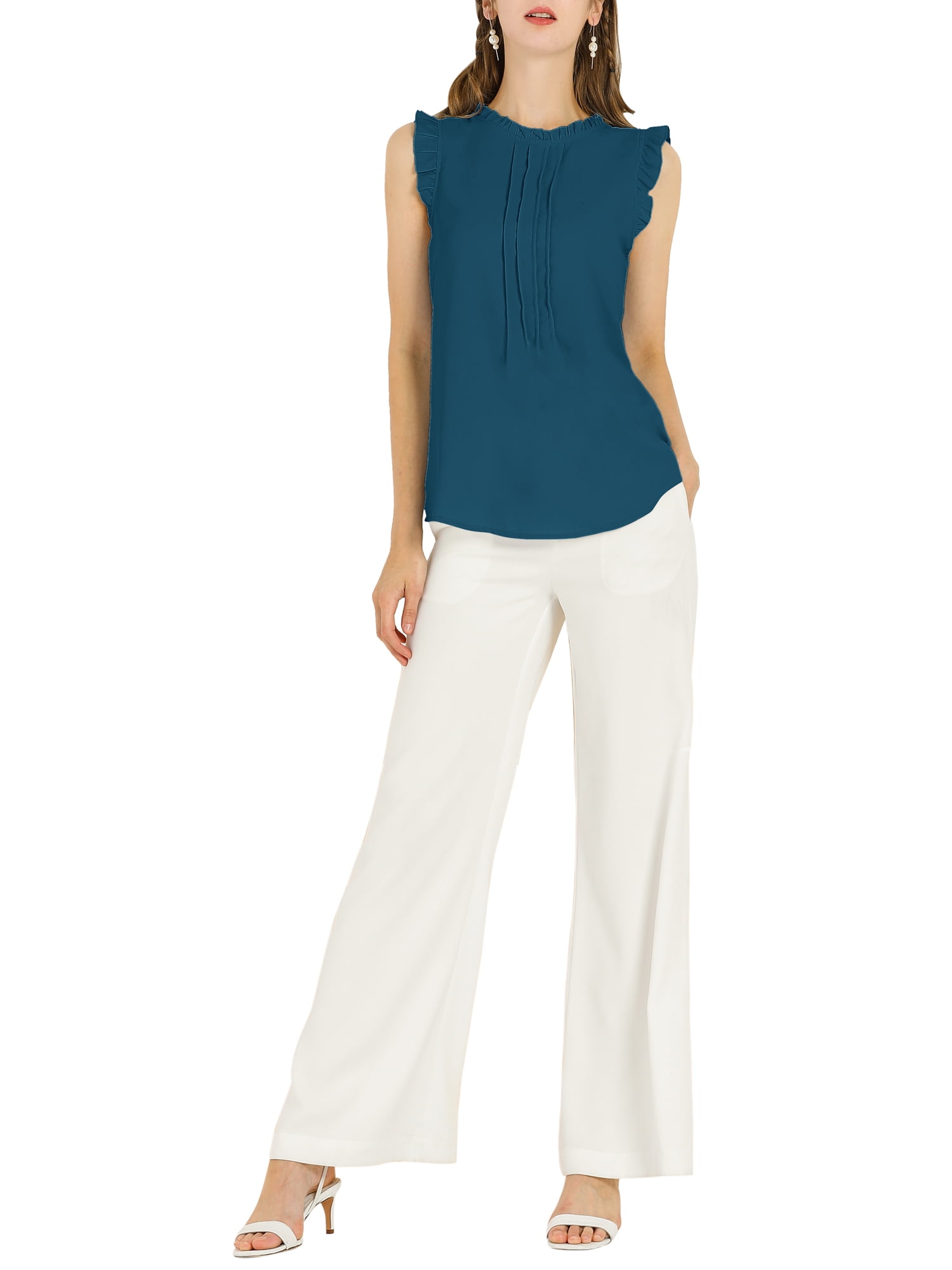DARING DIVA Women's Ruffled Trim Pleated Plain Blouse Top XL Blue Green