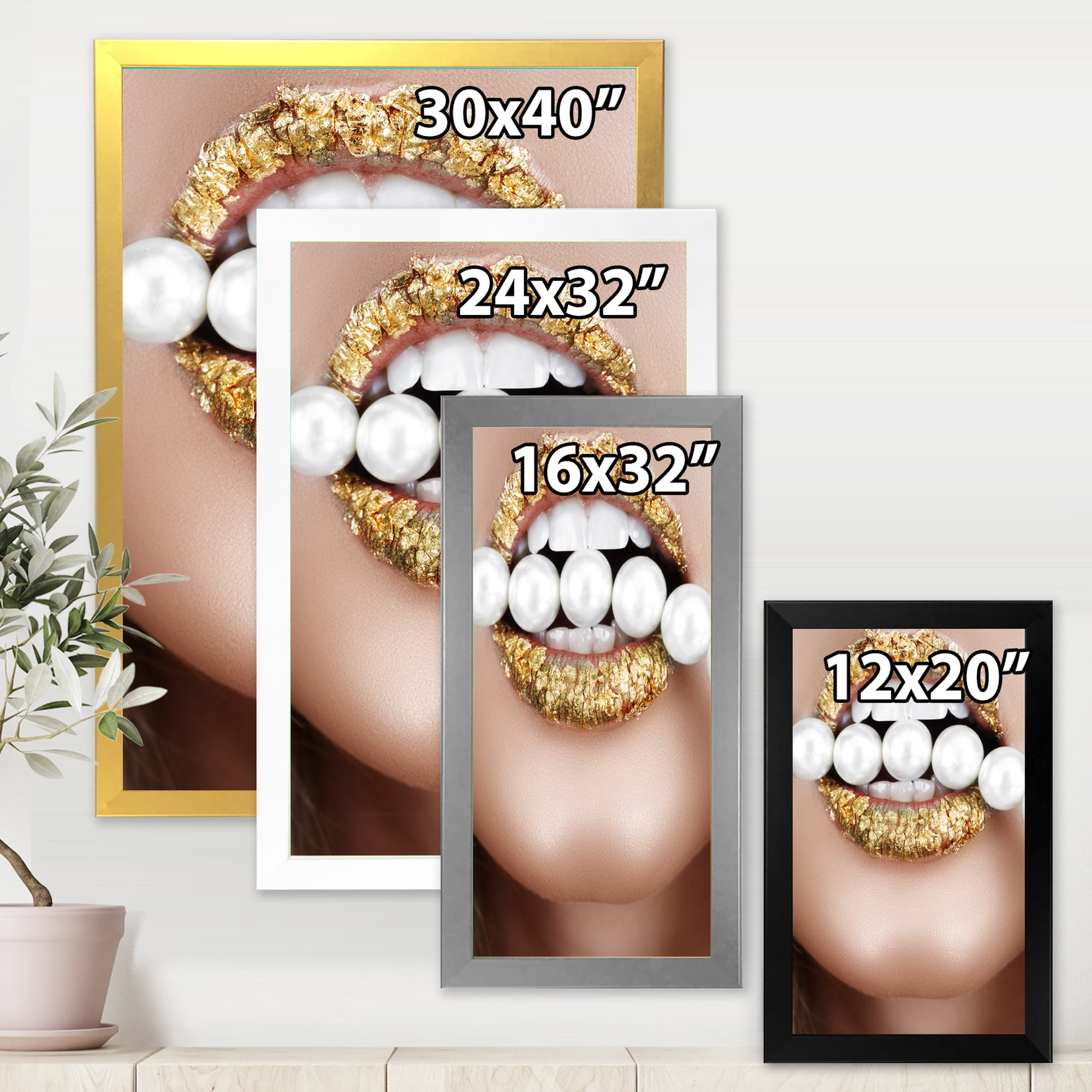 Designart 'Gold Leaf Lips Mouth With Pearls' Modern Framed Art Print