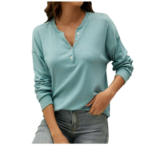 Henley Tops for Women Button V Neck Pullover Jumper Elegant Plain Long Sleeve T Shirt Solid Warm Autumn Winter Ladies Casual Sweatshirt