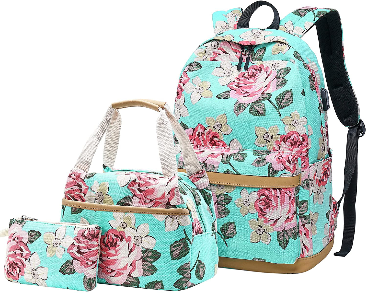 3 in 1 with Lunch Tote Bag Clutch Purse Canvas Bookbags 14 Laptop Backpack Floral Backpack Set 