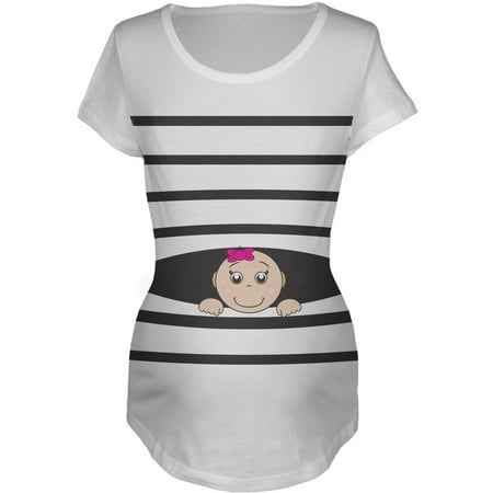 

Striped Peeking Baby Girl White Maternity T-Shirt - X-Large