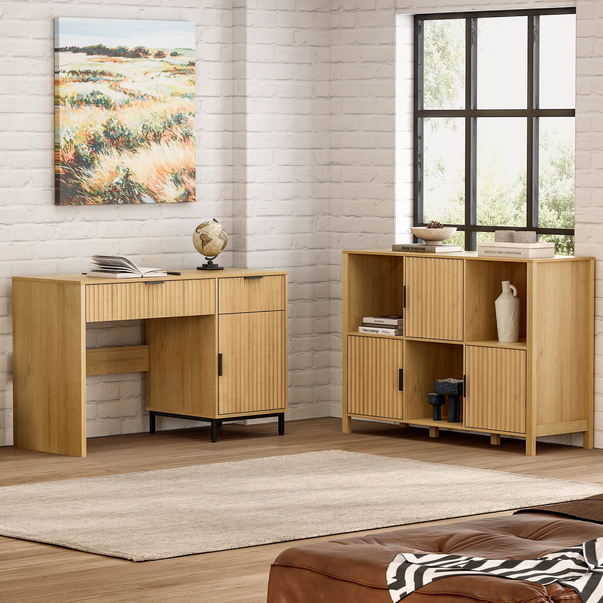 EYYTHUNG 47" Fluted Executive Desk, Modern Wood Home Office Desk with Charging Station, Drawer & Cabinet, Computer Writing Desk