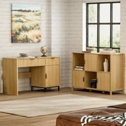 EYYTHUNG 47 Fluted Executive Desk, Modern Wood Home Office Desk with Charging Station, Drawer & Cabinet, Computer Writing Desk