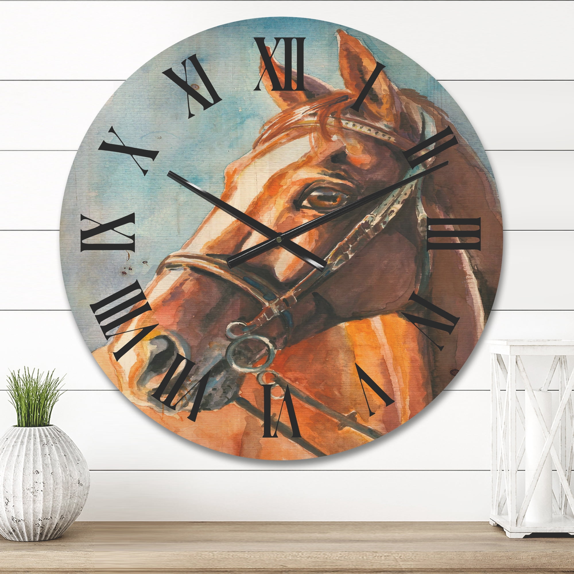 Designart 'Close Up Portrait of A Brown Horse' Farmhouse Wood Wall Clock
