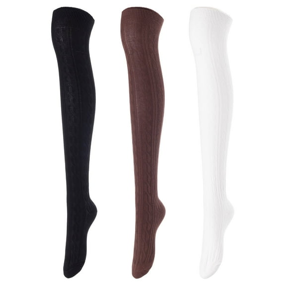 Lovely Annie Women's 3 Pairs Incredible Durable Super Soft Unique Over Knee High Thigh High Cotton Socks Size 6-9 A1024 Black,Coffee,Cream