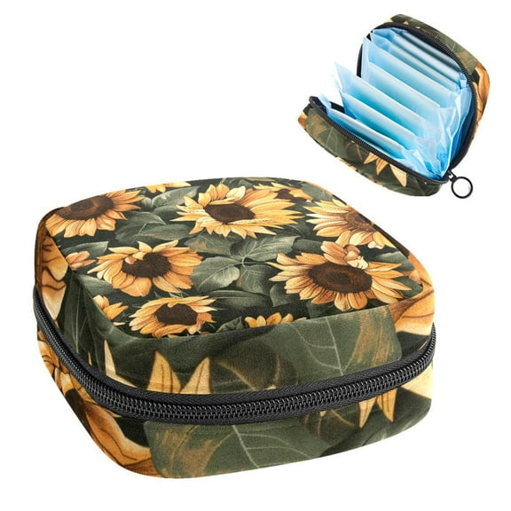 Sanitary Napkin Storage Bag for Girls Women, Portable First Period Pads Bag Tampons Holder Girls Travel Makeup Bag, Large Capacity Sunflower Leaves Pattern
