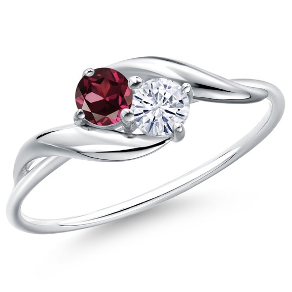 Gem Stone King 10K White Gold Round Red Rhodolite Garnet and White Moissanite Ring for Women (0.38 Cttw, Round 3.5MM, Gemstone January Birthstone, Size 6)