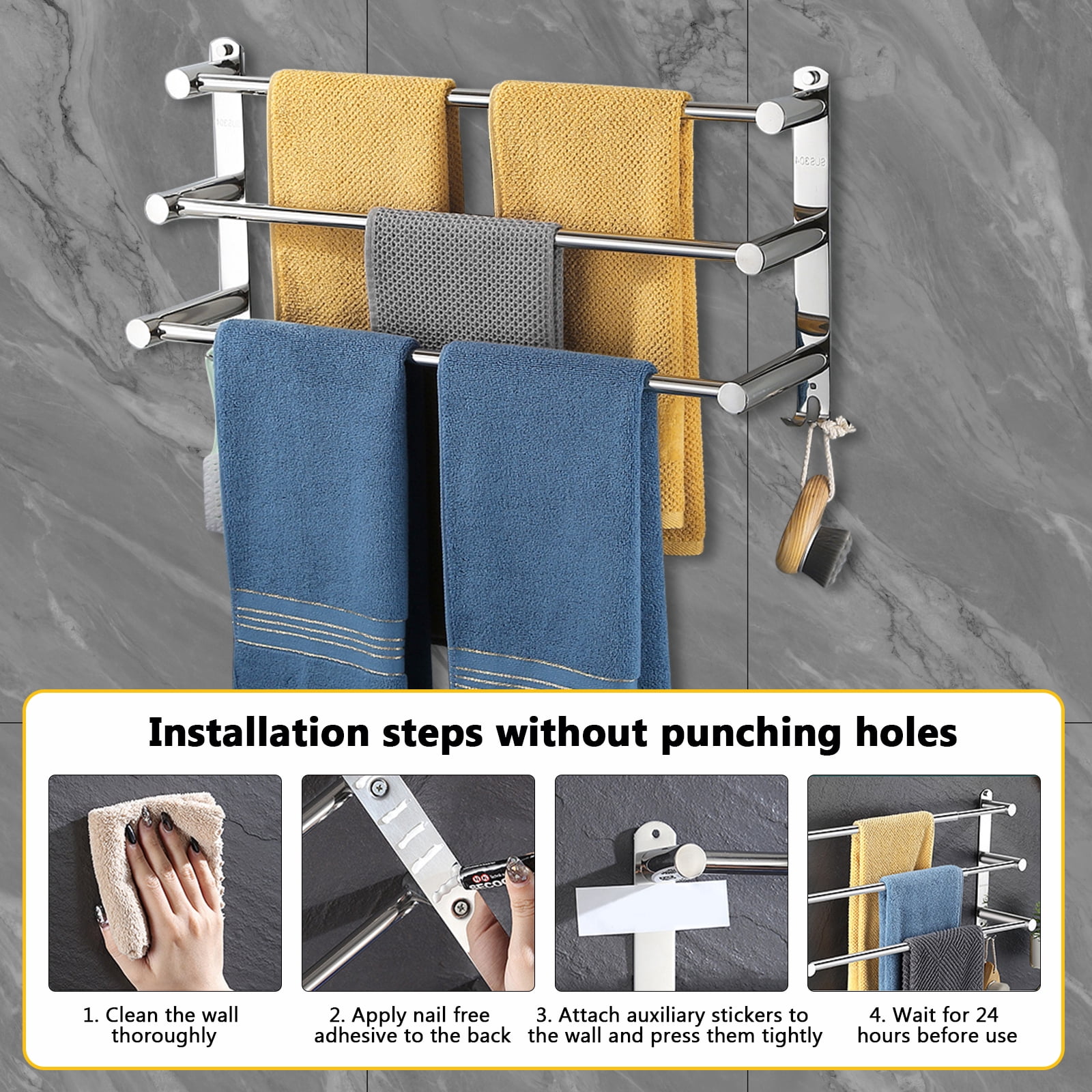 16- to 30-inch Adjustable Towel Rack for The Bathroom and Kitchen, Hand Towel Holder,  SUS304 Stainless Steel, Rust-resistant Wall Mount, No Drilling Required ,Silvery