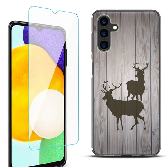 Slim-Fit Protective Fashion Phone Case (Black) for Samsung Galaxy A13 5G, with Tempered Glass Screen Protector, by OneToughShield ® - Wood/Deer