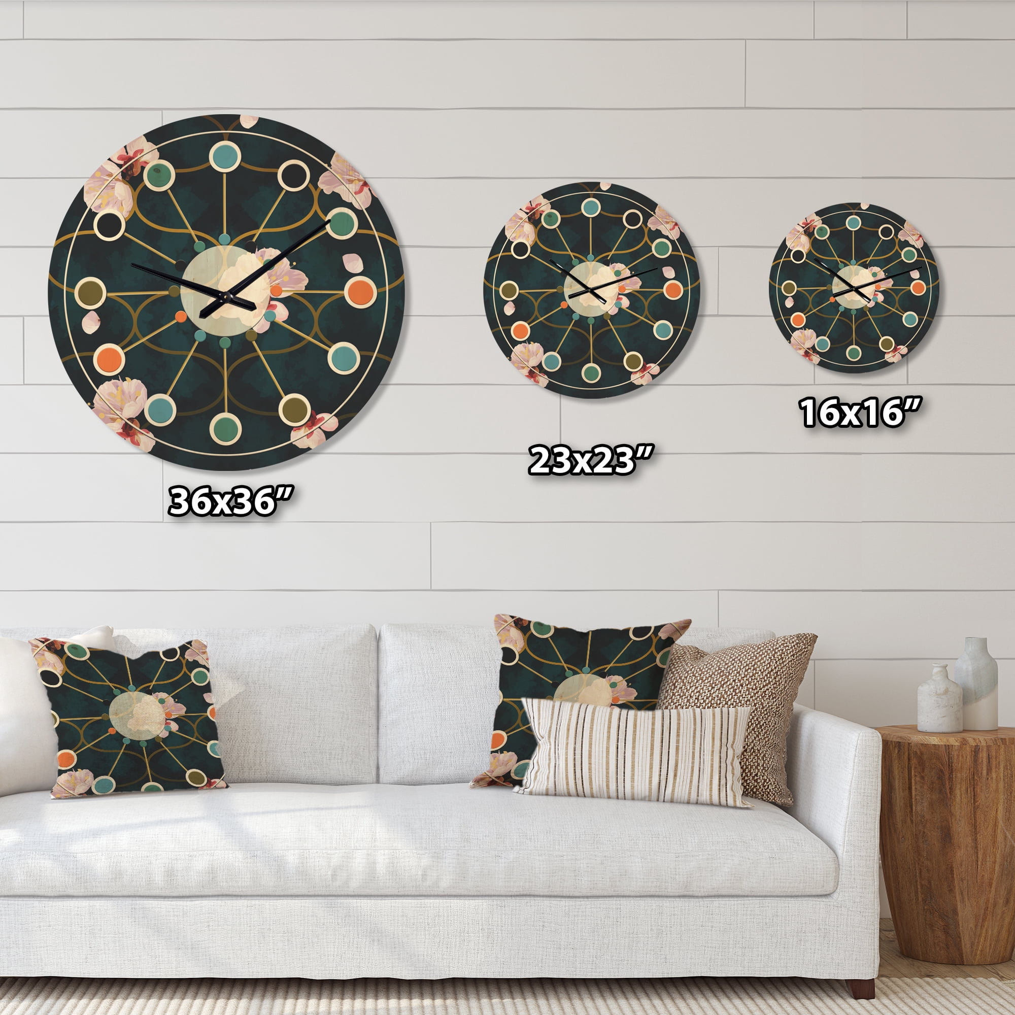 Designart 'Pink Flower Retro Pattern II' Mid-Century Modern Wood Wall Clock